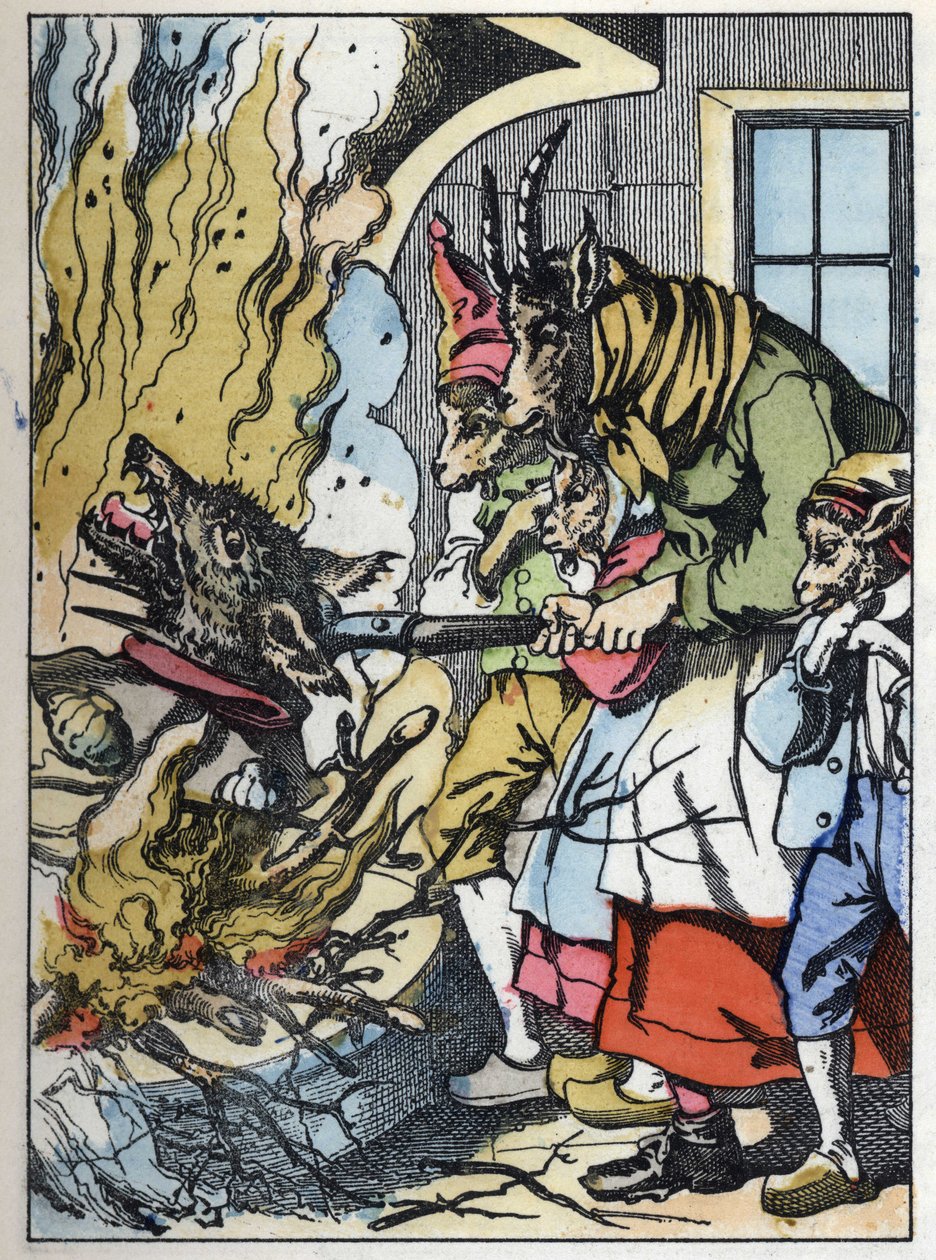 Koza zabije vlka v komíně. Ilustrace příběhu „Compere le Loup, Maitre Renard, Comere la Chevre et ses petits biquets““ podle bajky Jean de la Fontaine. V „“ Pohádky z domova pro nejmenší““. Anonymní rytina z 19 od Unknown artist