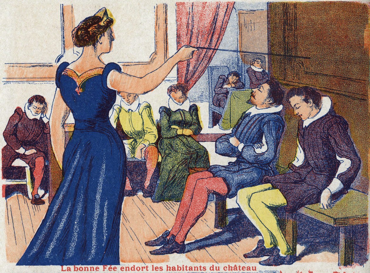 Dobrý honorář spí obyvatele hradu. Anonymní ilustrace k „La belle au bois dormant“, příběh Charlese Perraulta (1628-1703), francouzského spisovatele. Snímky Marcel Vagne, Jarville Nancy, nedatováno (konec 19. století). od Unknown artist