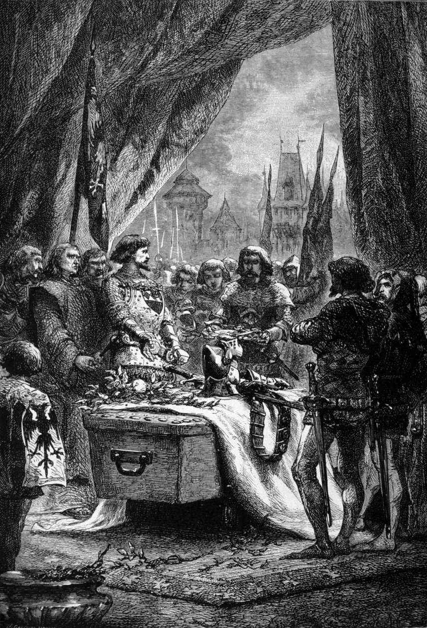 Guvernér položil klíče Chateauneuf de Randon na rakev Bertranda Du Guesclina (1320 - 1380), bretaňského válečníka a francouzského vlastence proti Angličanům. Rytina 19. století. od Unknown artist