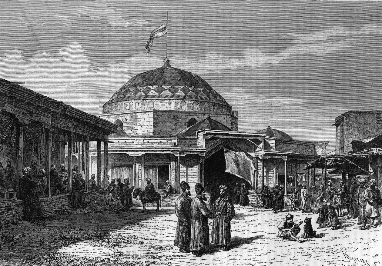 Velký bazar Samarkand (Samarqand nebo Samarkand) v Uzbekistánu v 19. století. Rytina v „“ le journal de la Jeunesse „“ z roku 1888. od Unknown artist