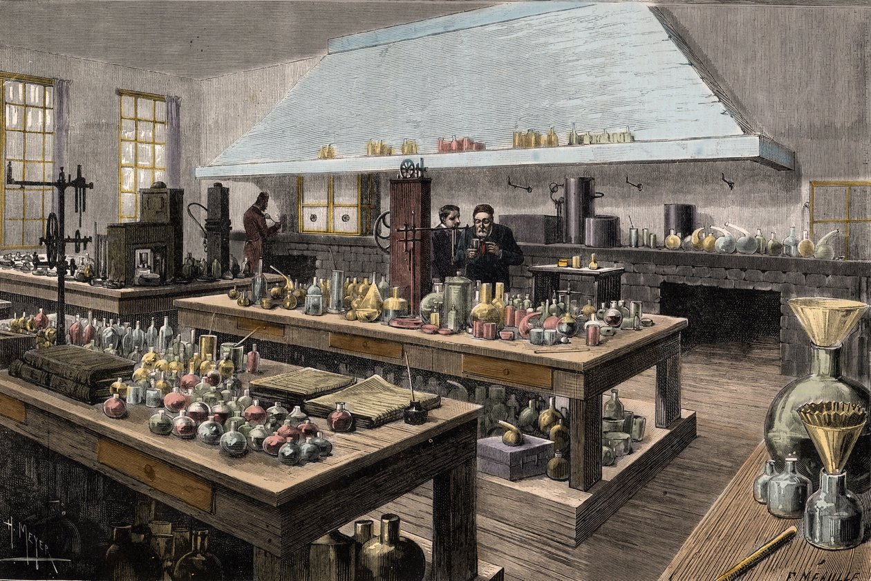 Velká laboratoř Louise Pasteura (1822-1895), francouzského chemika a biologa, na Ecole Normale Superieure - Louis Pasteur ve své laboratoři na Ecole Normale Superieure - Gravírování Meyer 1884 od Unknown artist