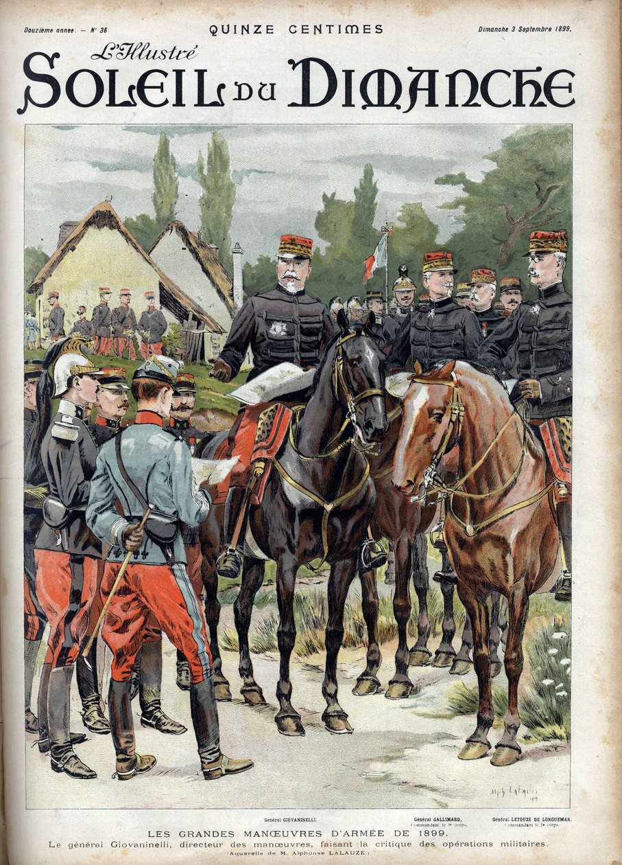 Velké manévry armády z roku 1899. Generál Giovaninelli, ředitel manévrů, kritizující vojenské operace. Rytina v „“Le sun-du-dimanche“, dne 3. září 1899. od Unknown artist