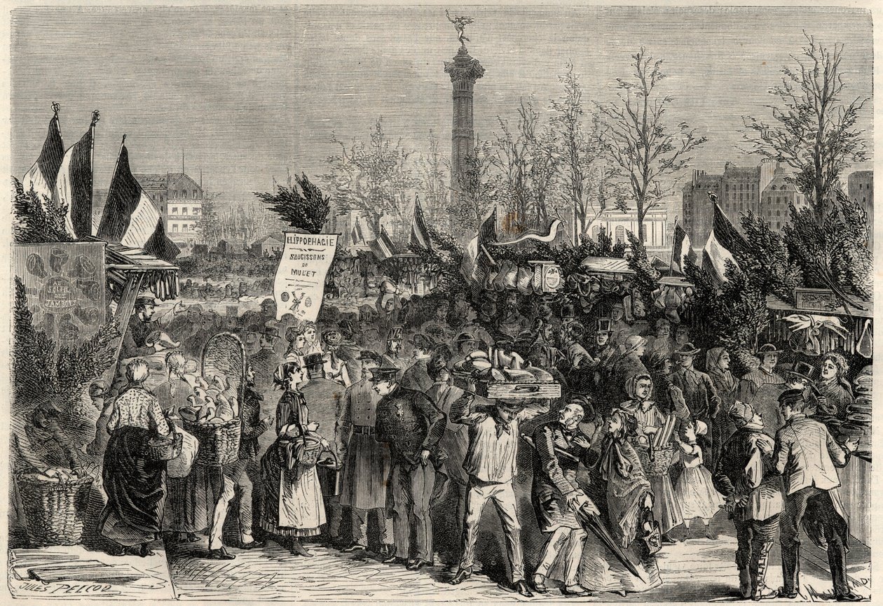 Veletrh šunky, Boulevard Bourdon ve 4. pařížském obvodu poblíž Place de la Bastille. Cedule inzeruje maso parmice (Hyperfagie). Rytina do „The Universe Ilustrious“ od Unknown artist