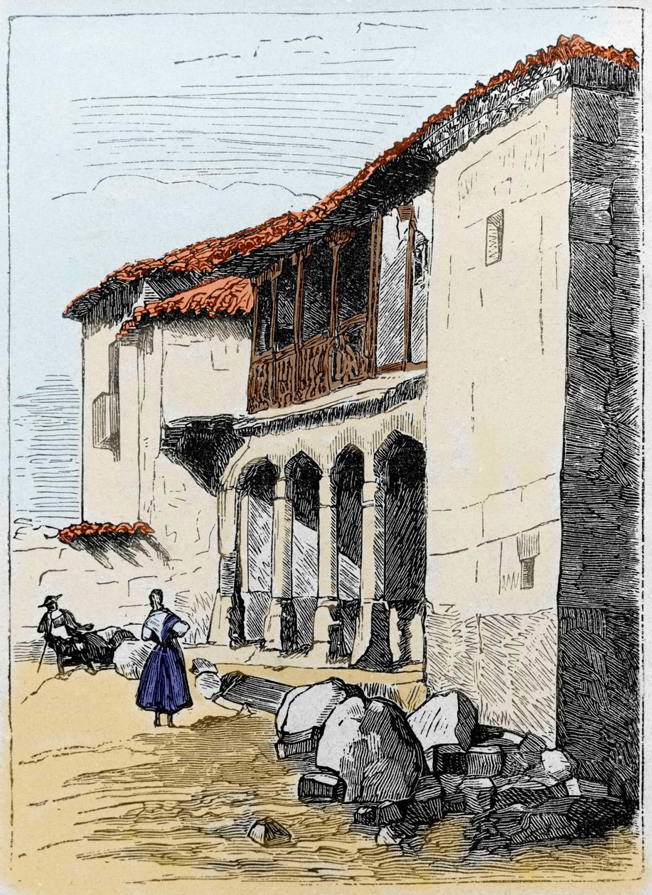 Dům Sante de Valcuebo v Salamance, kde Kryštof Kolumbus uspořádal svou první konferenci. Rytina 19. století od Unknown artist