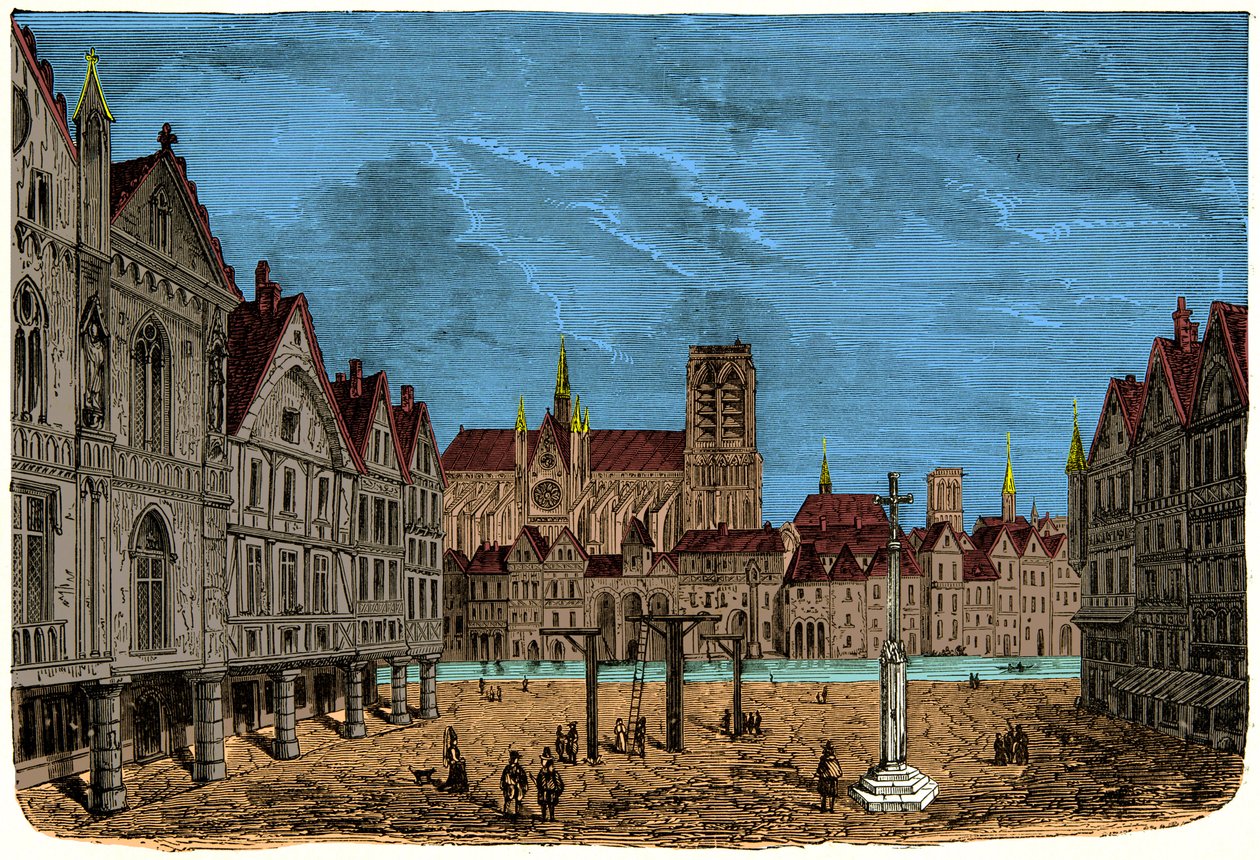 Dům se sloupy nebo dům dauphina, bývalý a první městský hotel Paříže ve středověku, rytina 19. století od Unknown artist
