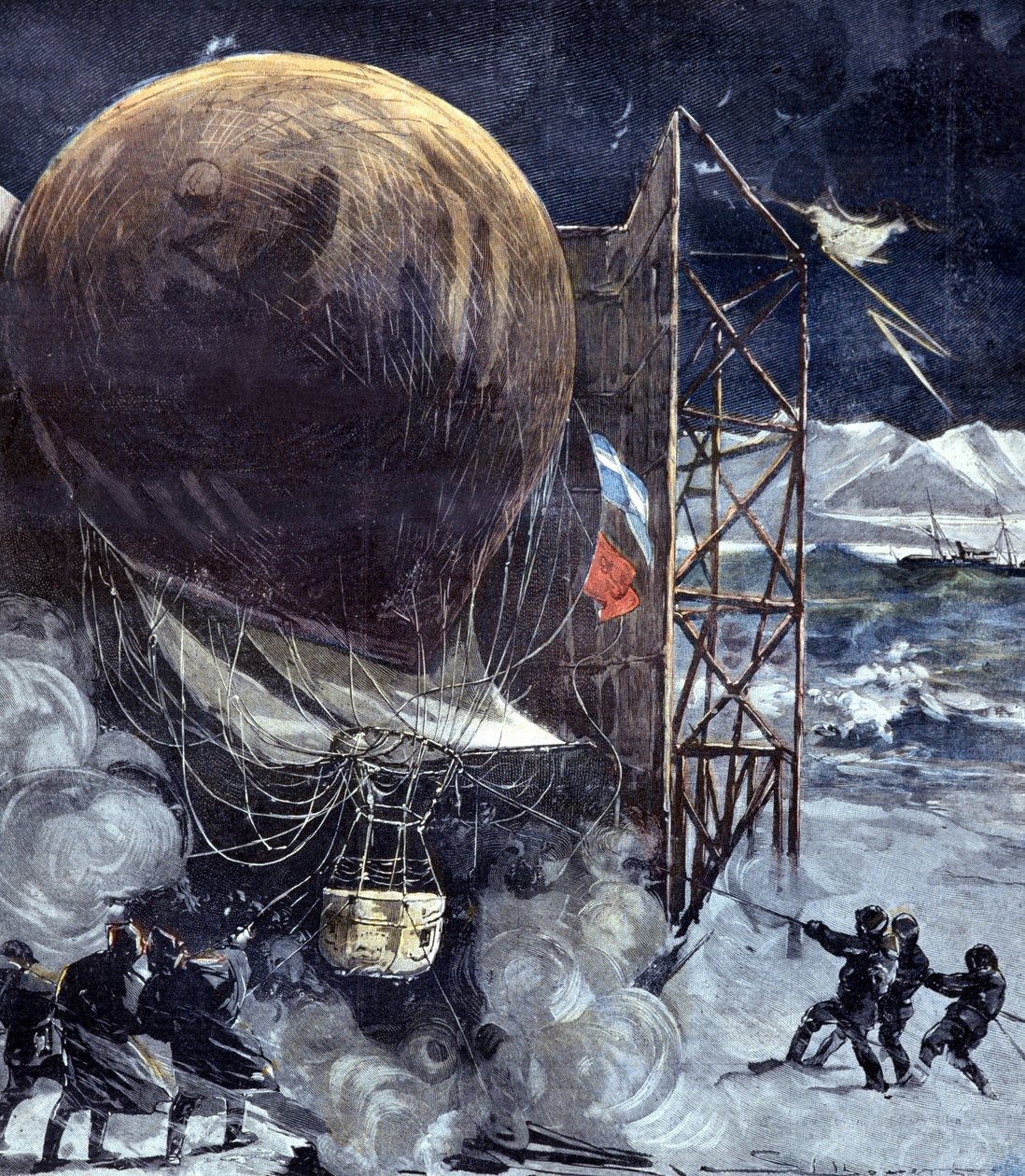 Vodíkový balón Oernen (Aquila) švédského inženýra Solomona Andrée (1854 - 1897) během sněhové bouře na ostrově v Dánsku, krátce před odletem na severní pól, expedice, která bude ztracena. 1897 od Unknown artist