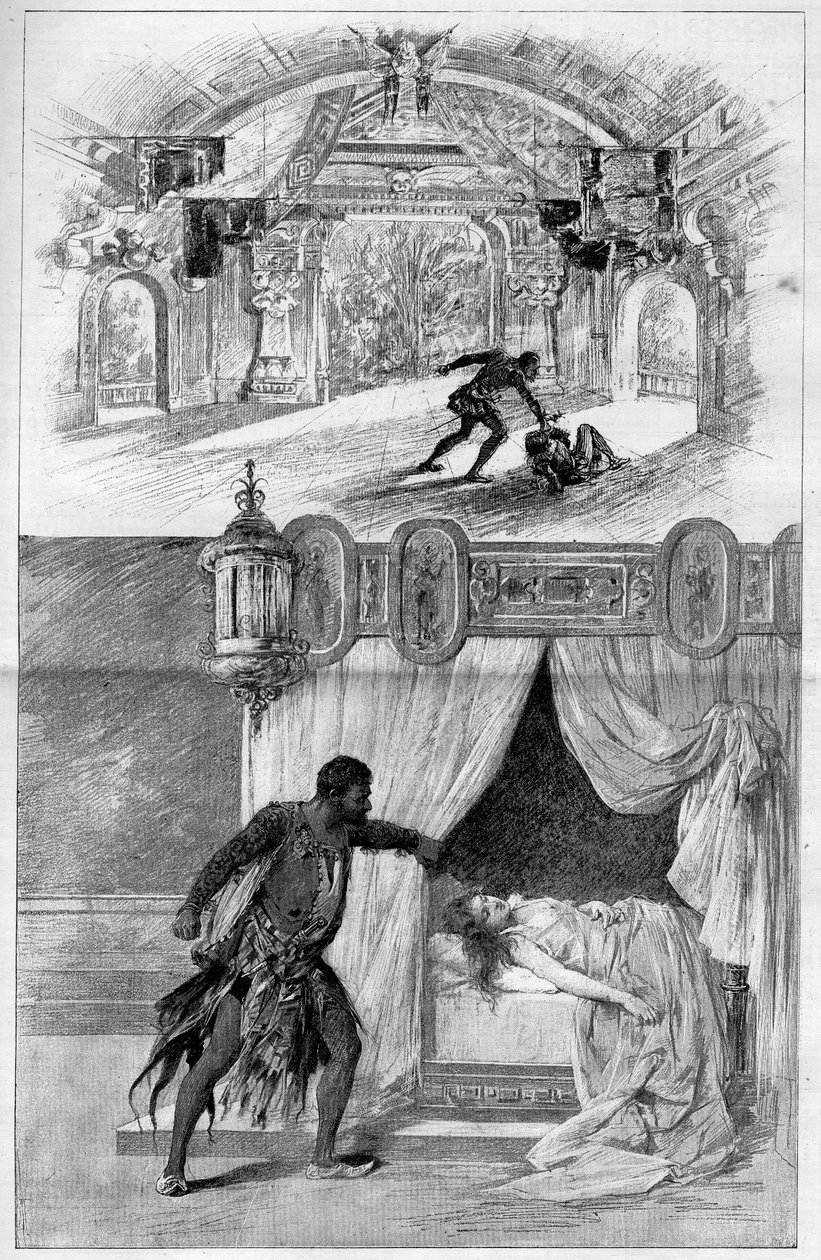 Slavné divadlo: Otello (Othello), opera Giuseppe Verdiho (1813-1901), italského skladatele, zastoupená v divadle Scala v Miláně 12. února. Rytina v „“ Le monde illustrious“ od Unknown artist