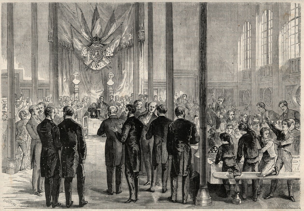 Císařský princ Eugene Louis Joseph (1856-1879) navštěvující banket svatého Karla Velikého (Svatého Karla Velikého) v Paříži v Lycee Bonaparte (tehdy Lycee Condorcet). Rytina v „The Universe Ilustrious“ od Unknown artist