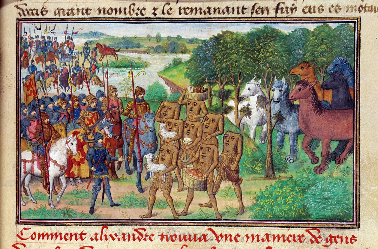 Makedoinský král Iskandar (neboli Alexandr Veliký) (356 - 323 př. n. l.) potkal příšery, které mu dávaly dárky od Unknown artist