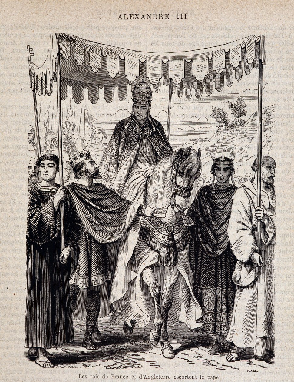 Francouzští králové Ludvík VII. Mladý (1120 - 1180) a Anglie doprovázejí papeže Alexandra III. - v „Histoire des Popes“, n.d. od Unknown artist