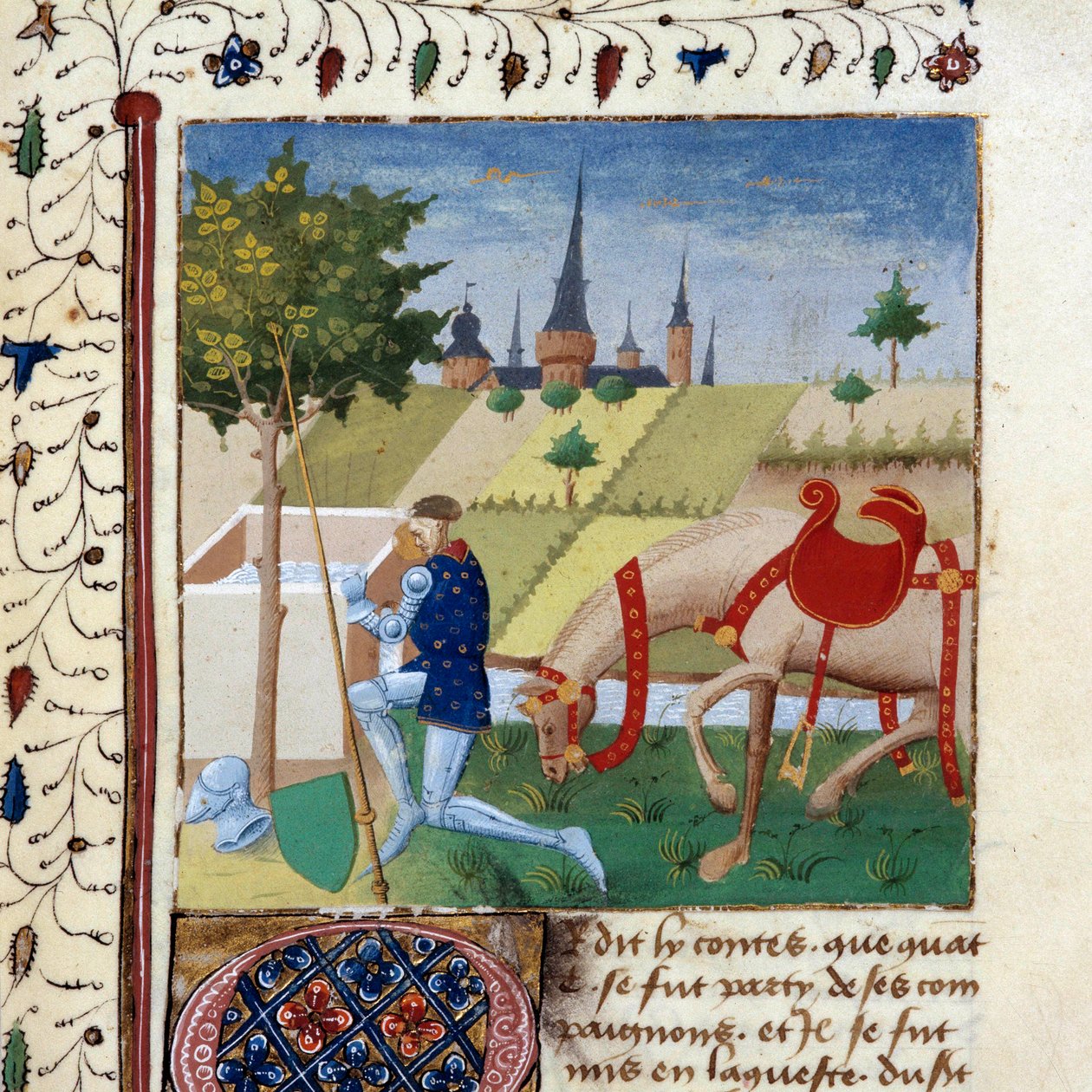 Rytíř kulatého stolu Gauvain (nebo Gawain), synovec krále Artuše poblíž fontány. Miniatura z rukopisu „Román Quete of Gral““ 1450-1460 Dijon, Městská knihovna od Unknown artist