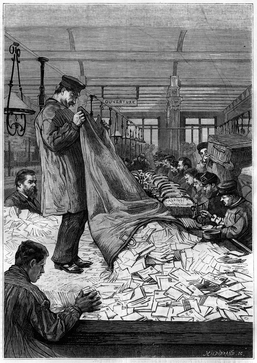 Velké tabulky dopisů v třídicích střediscích hotelu des Postes na Rue du Louvre v Paříži. Rytina v časopise „“La jeunesse““ od Unknown artist