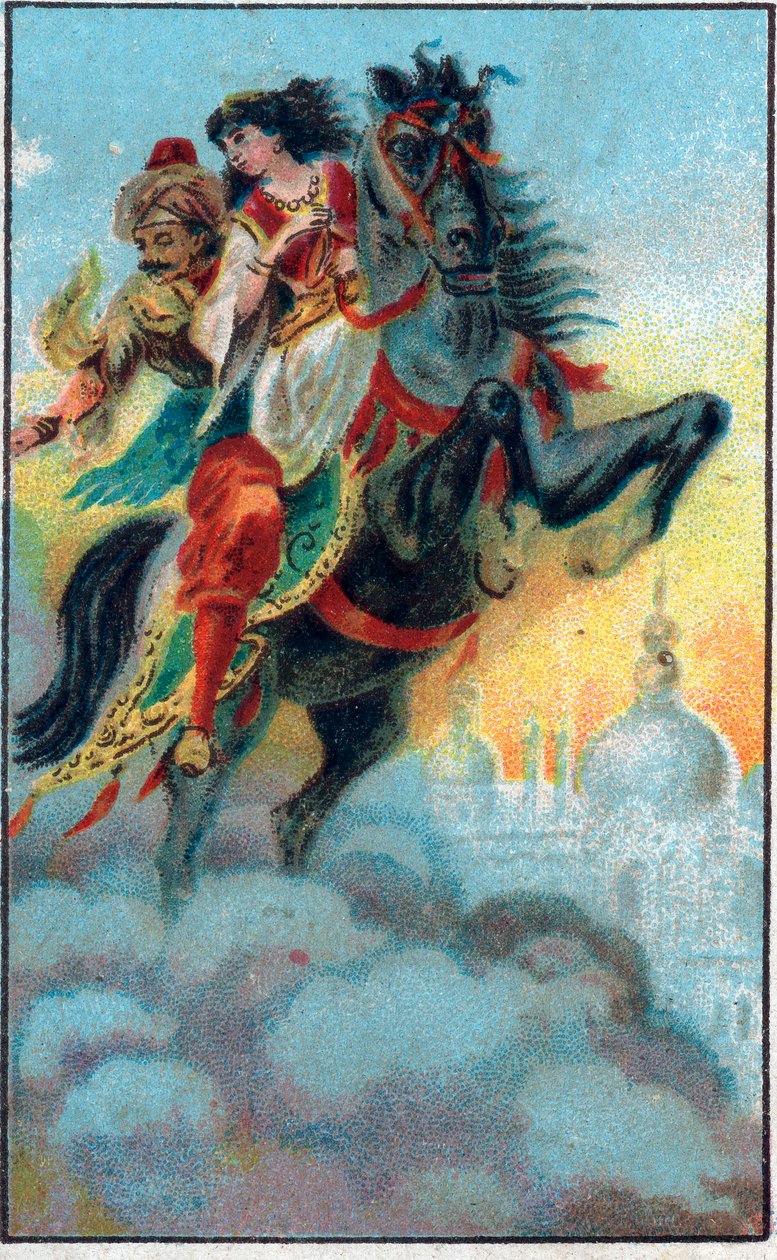 Únik. Příběh „Příběh o začarovaném koni“““ v „“Tisíc a jedna noc“““ (1001 nocí nebo Le mille e una notte, Arabské noci). Chromolitografie konce 19. století. od Unknown artist