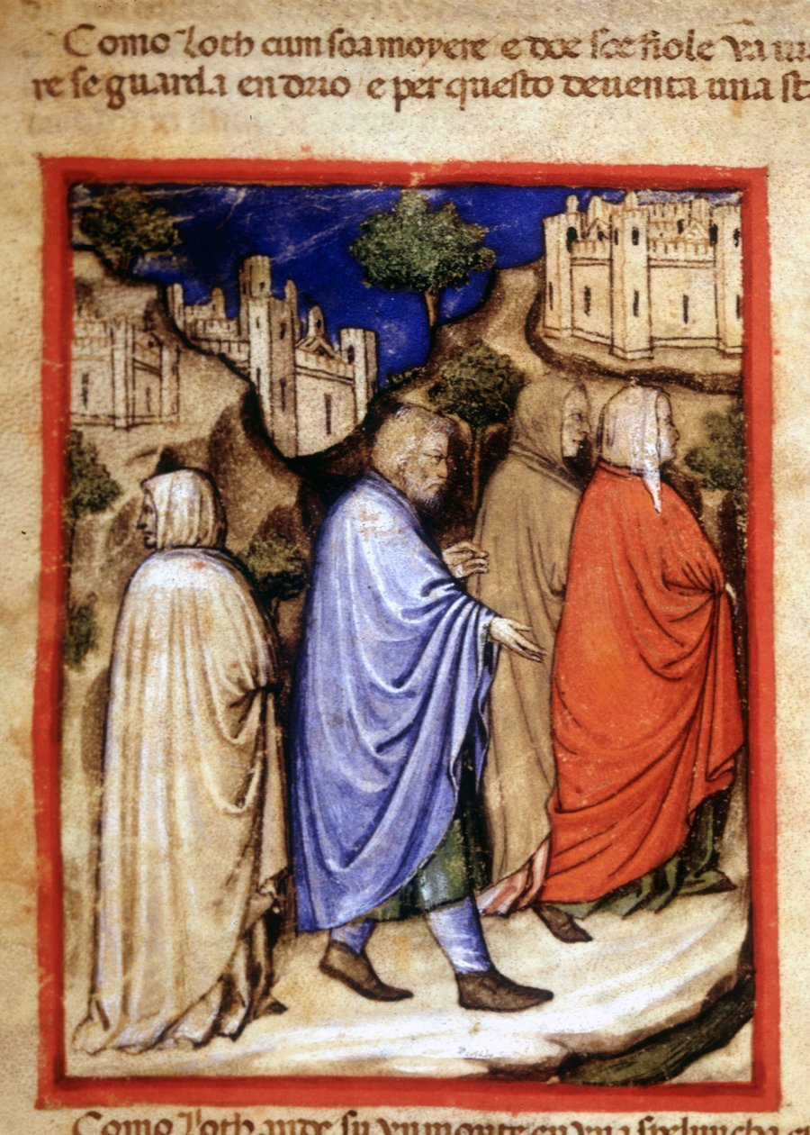Únik Lotha a jeho ženy se proměnil v solnou sochu pro ohlédnutí. Miniatura z kodexu 212 (nebo kodexu padovano nebo Bible z Padovy) 1390-1400 Rovigo, Accademia dei Concordi od Unknown artist