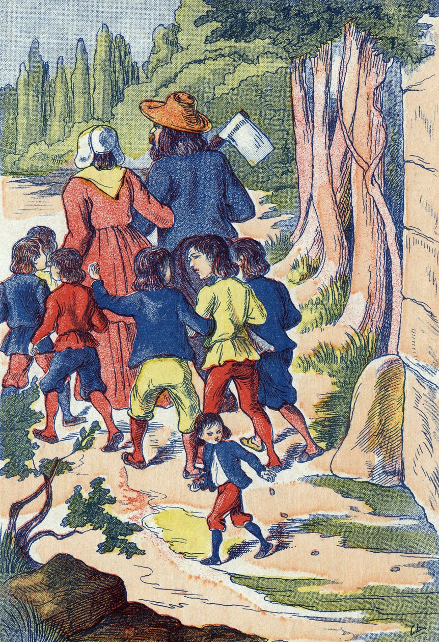 Malý kocour rozsévá kameny do cesty. Ilustrace k „“Le Pepetit poucet“, příběh Charlese Perraulta (1628-1703), francouzského spisovatele. Anonymní ilustrace. Snímky Marcel Vagne, Jarville Nancy, nedatováno (konec 19. století). od Unknown artist