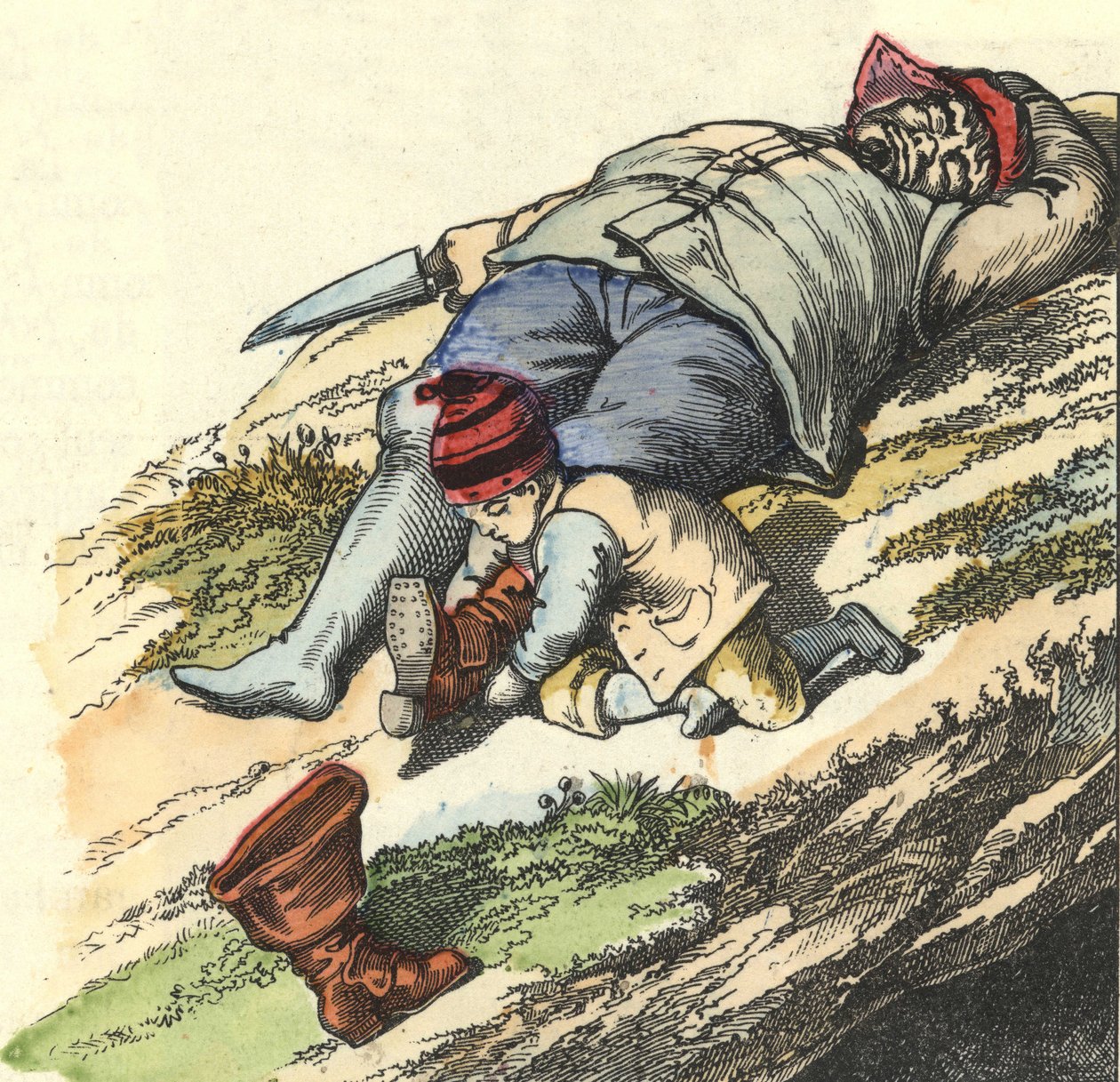 Malý kocour ukradne boty ze 7 míst spícímu zlobrovi. Ilustrace příběhu „Le Petit Poucet““ od Charlese Perraulta od Unknown artist