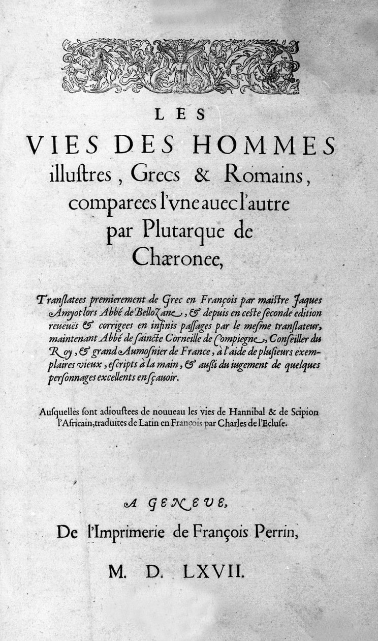 Životy slavných mužů. Stránka knihy Plutarcha di Cheroneeho, nazývaná také „Paralelní životy““. Švýcarské vydání 1567. od Unknown artist