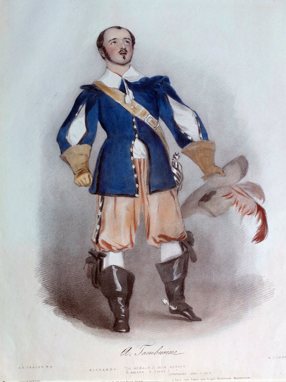Lyrický zpěvák Antonio Tamburini (1800-1876) v roli Riccarda pro operu „I puritani““ od Vincenza Belliniho (1801-1835), akvarel z roku 1836. Paříž, knihovna operního muzea od Unknown artist