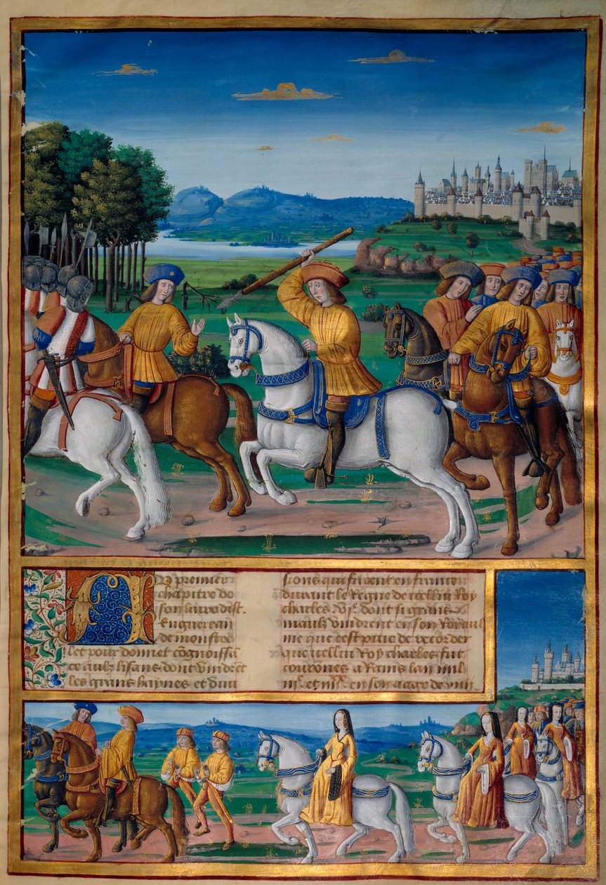 Šílenství Karla VI. (1368 - 1422). 5. srpna 1392 začal v lese Le Mans zažívat útoky zuřivého šílenství: křičel za zradu, zaútočil na vlastní oddíl a zabil čtyři lidi. Letopisy Enguerranda de Monstrelet (v. 1400 od Unknown artist