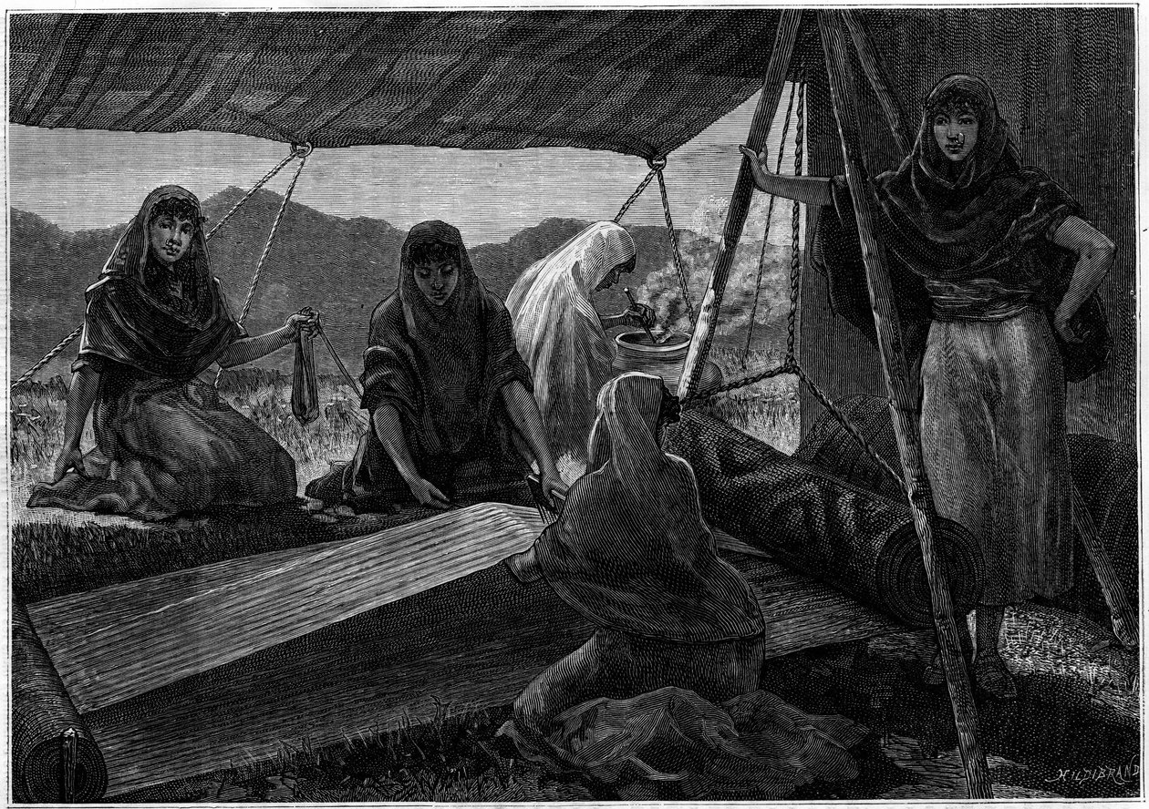 Výroba koberců kočovnými ženami z Persie. Rytina v časopise „“La jeunesse““ od Unknown artist