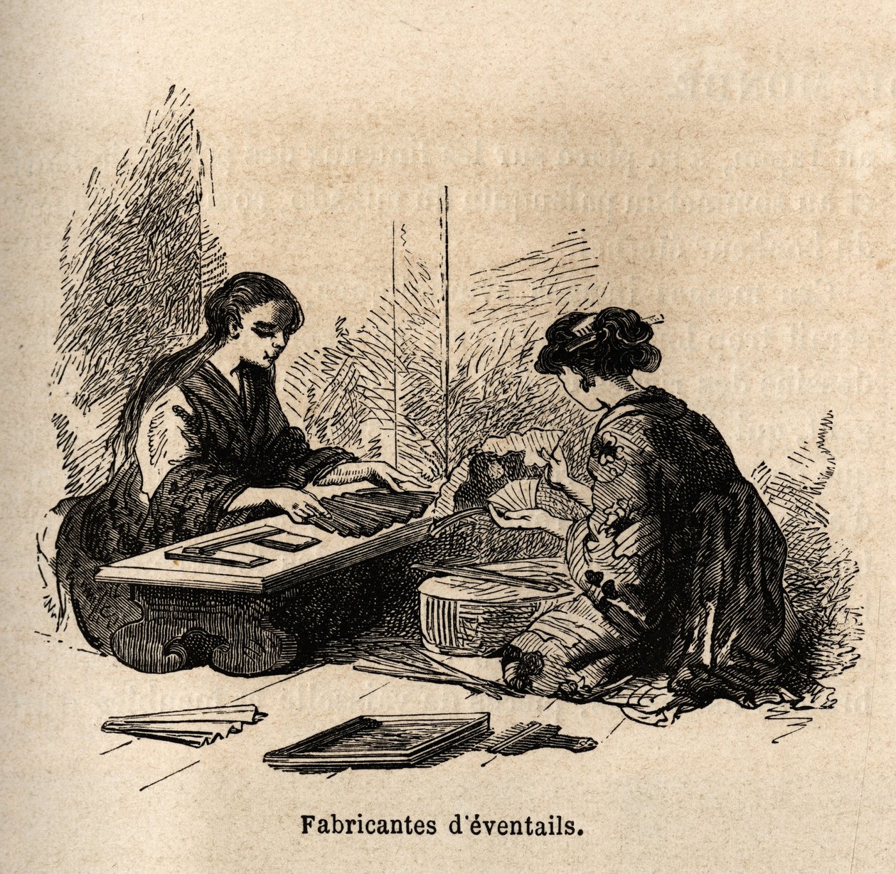 Výroba eventtailů. Rytina k ilustraci plavby do Japonska v letech 1863-1864 od Aime Humberta, ministra Švýcarské konfederace, v „Le tour du monde, nouveau journal des voyages“, vydaném pod vedením Edouarda Chartona od Unknown artist