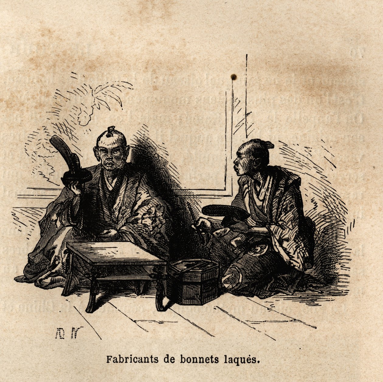 Výrobce lakovaných šálků. Rytina k ilustraci plavby do Japonska v letech 1863-1864 od Aime Humberta, ministra Švýcarské konfederace, v „Le tour du monde, nouveau journal des voyages“, vydaném pod vedením Edouarda Chartona od Unknown artist