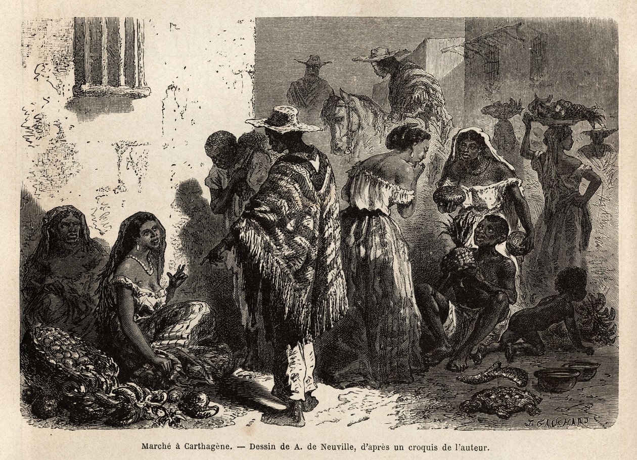 Pochod Cartagenou (Kolumbie), na předměstí města, navštěvovaný hlavně černochy, metis a indiány. Rytina pro ilustraci plavby do Nové Granady od Dr. Saffraye, v roce 1869, publikovaná v “”Le tour du monde”””” 1872, editoval Edouard Charton, od Unknown artist