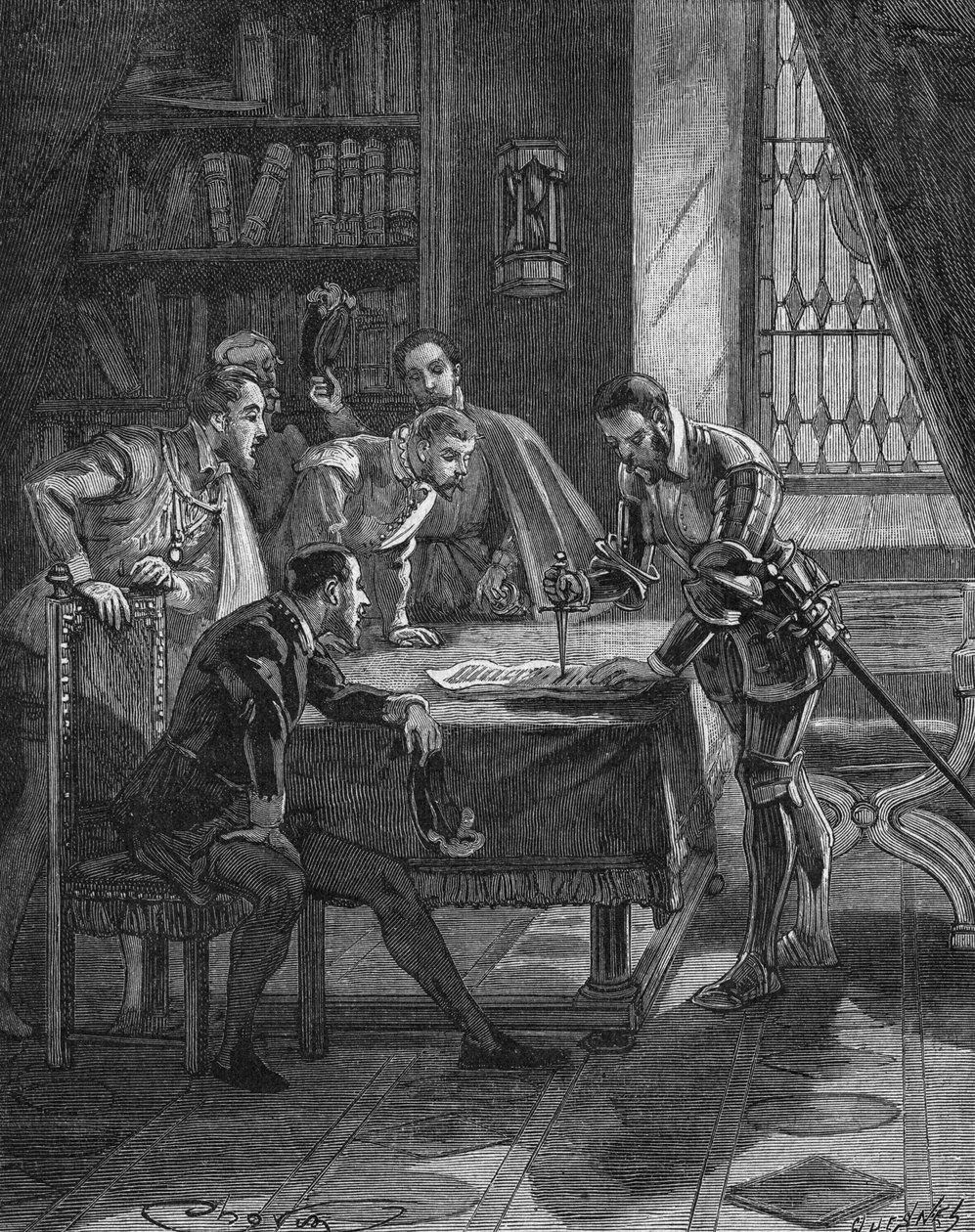 Marechal z Vieilleville zasadil svou dýku do patentu, kterým francouzský král Jindřich II. (1519-1559) dal jemu a pěti lordům přítomným v místnosti právo na konfiskaci všech půjčovatelů a luteriánů z Guienne, Limousin, Quercy a S od Unknown artist