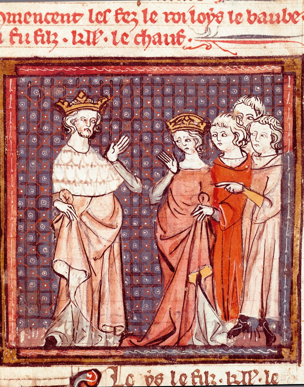 Sňatek Ludvíka II. Begue (846-879), krále franků a Adelaidy z Friuli v miniaturě 875 z „“Grandes Chronicles de France““ 1375-1379 Městská knihovna, Castres od Unknown artist