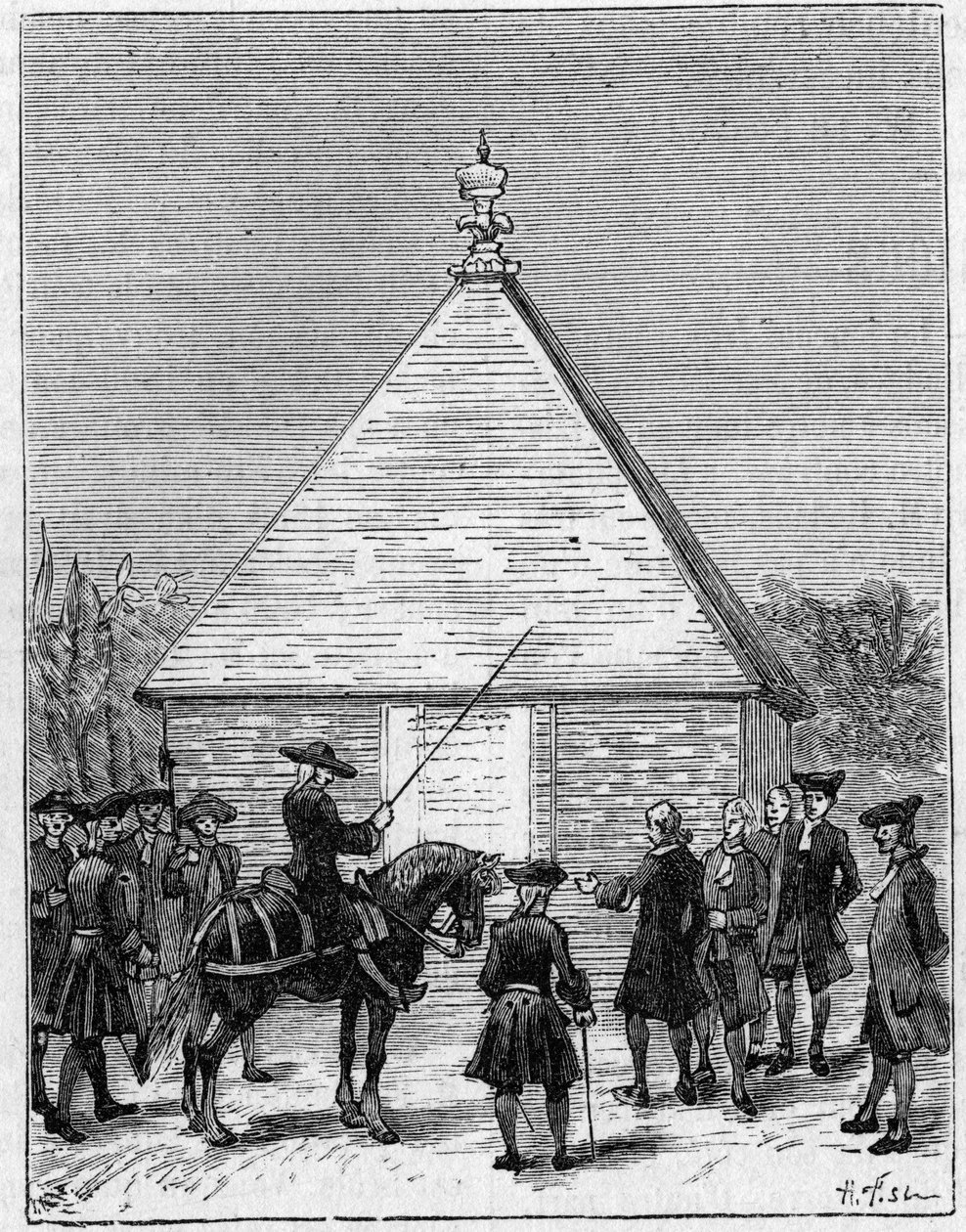 Míra stupně Ekvádoru v 18. století: pyramida v Carabourou, Peru, postavená La Condamine v roce 1736. Rytina v „“ La Nature: revue des sciences et de leurs applications aux arts et a l
