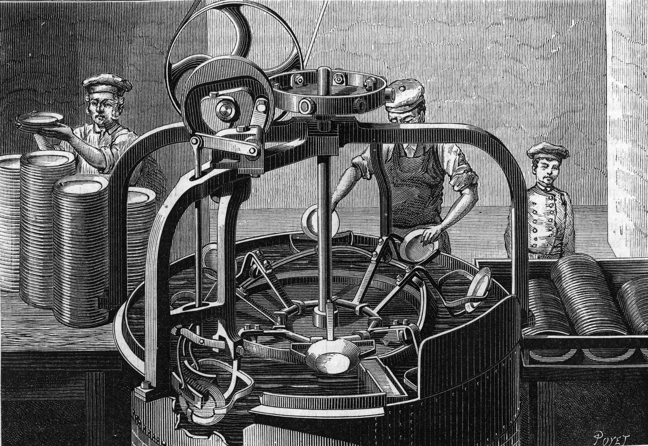 Mechanická instalace pana Margueryho, restauratéra, v Paříži: automatický stroj na mytí talířů. Obsluha vloží špinavý plech do stroje pravou rukou a levou rukou vyjme vyčištěný plech. Rytina „La od Unknown artist