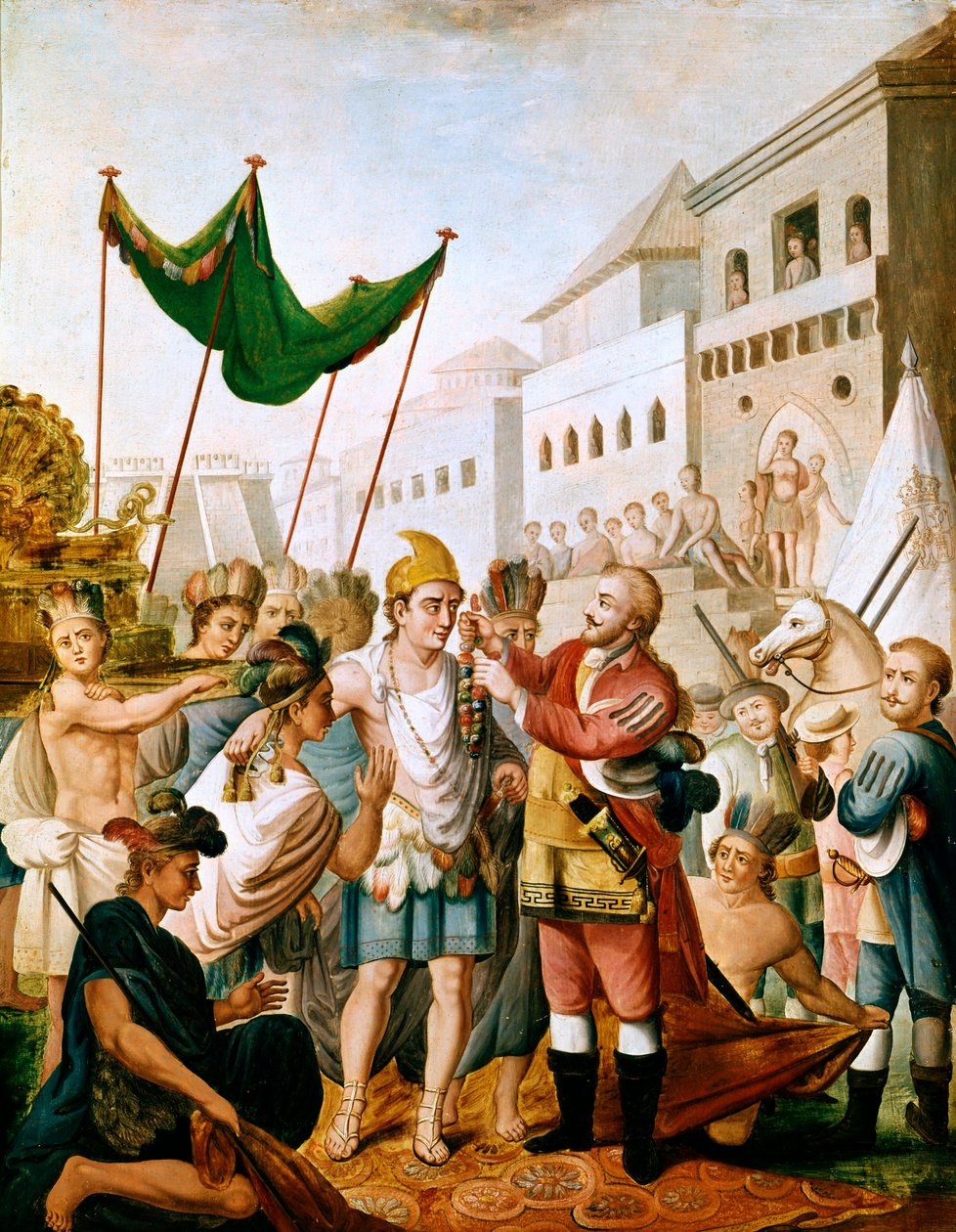Setkání Hernana Cortése nebo Fernanda Corteze s Montezumou v listopadu 1519 od Unknown artist