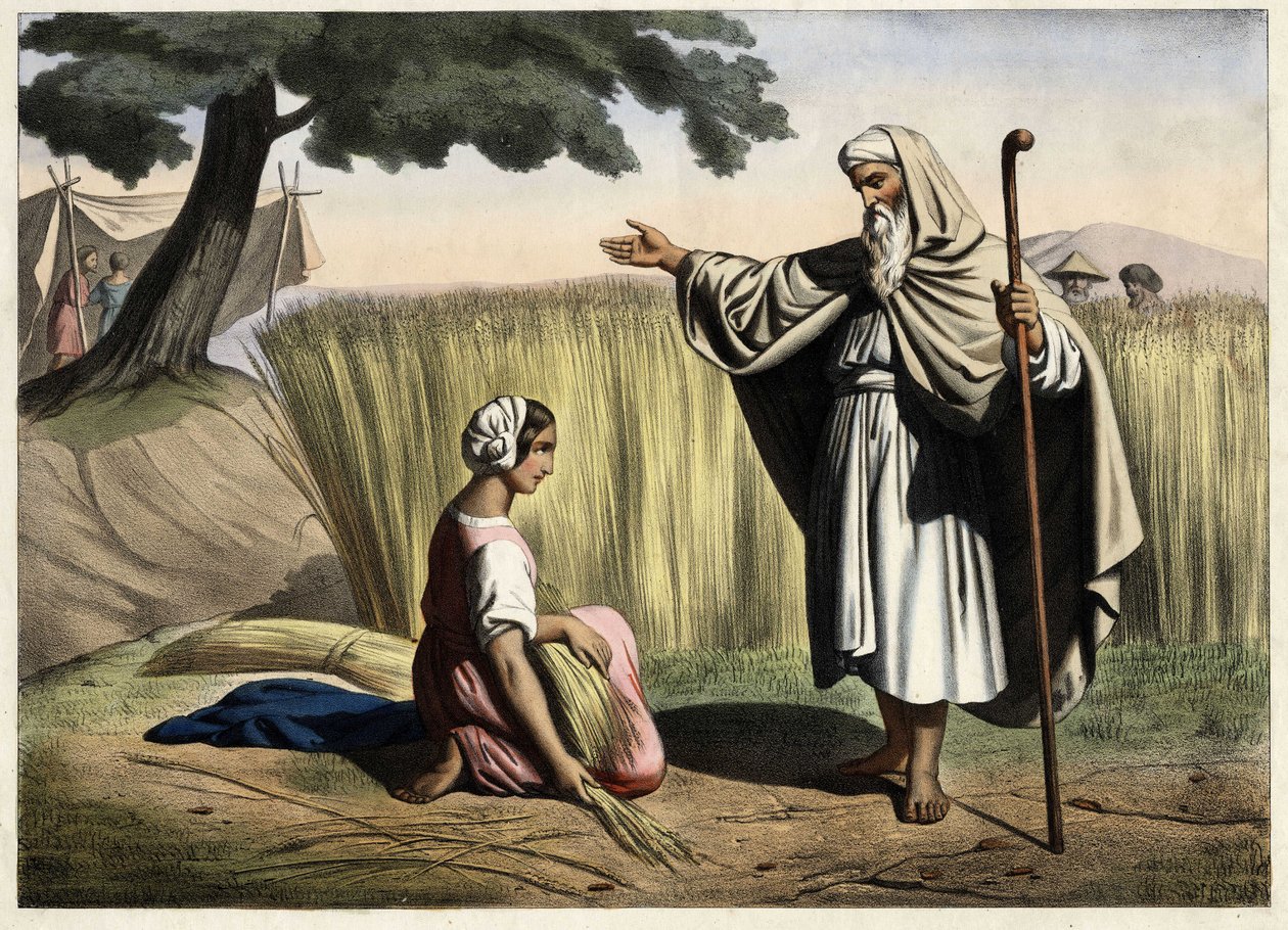 Setkání Ruth a Boaze (Booze), prarodičů izraelského krále Davida (1000-972 př.nl). Anonymní rytina z poloviny 19. století. od Unknown artist