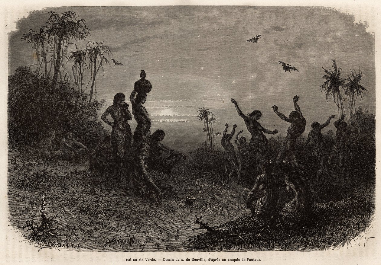 Měsíční ples, který uzavírá obřad 18. výročí a svatbu mladého Inda z Rio Verde (Brazílie). Rytina pro ilustraci plavby do Nové Granady, od Dr. Saffraye, v roce 1869, publikovaná v „“Le tour du monde“““ 1873, editoval od Unknown artist