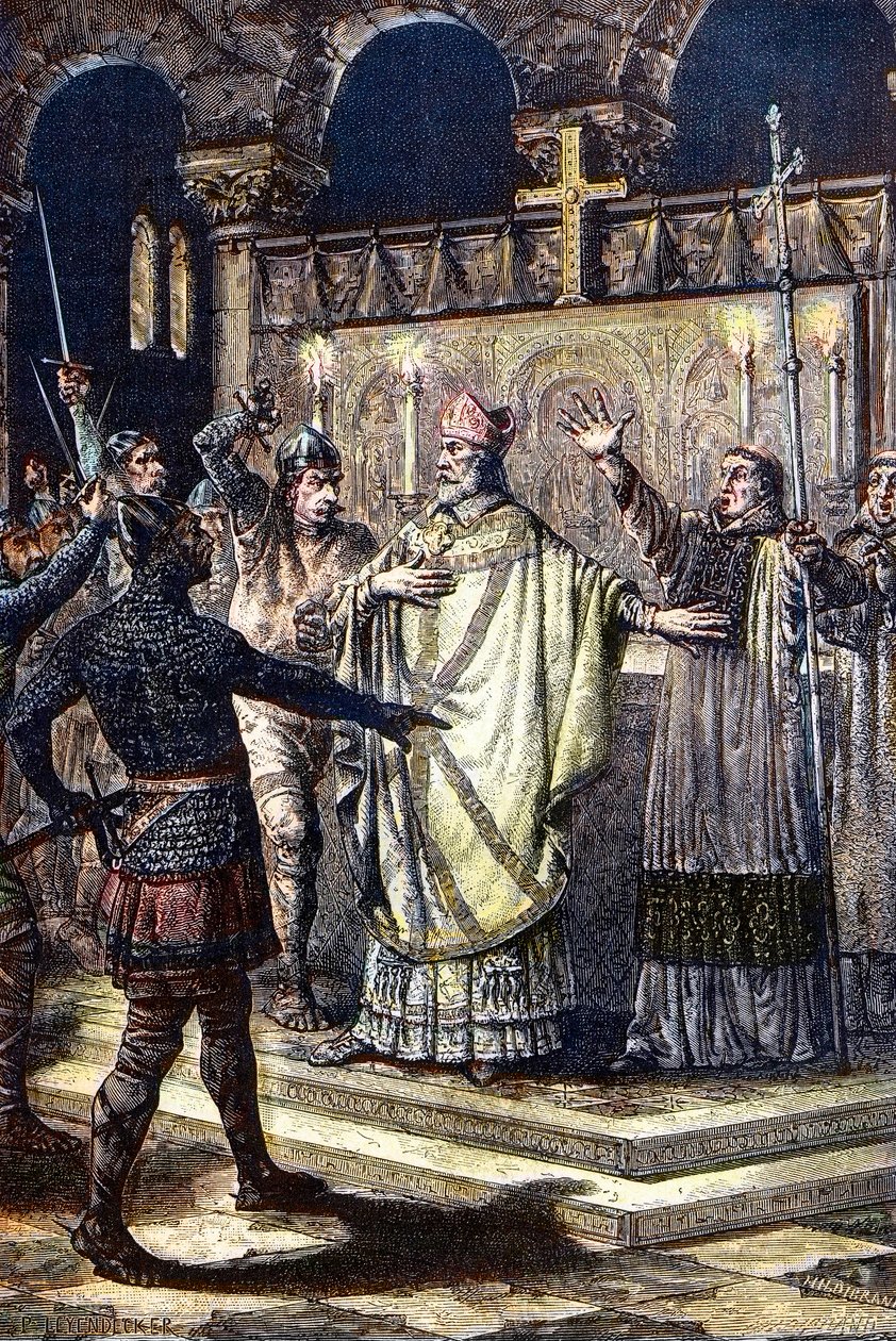 Vražda svatého Thomase Becketa v katedrále v Canterbury, 29. prosince 1170, rytíři ze dvora krále Jindřicha II. (dřevorytina od Unknown artist