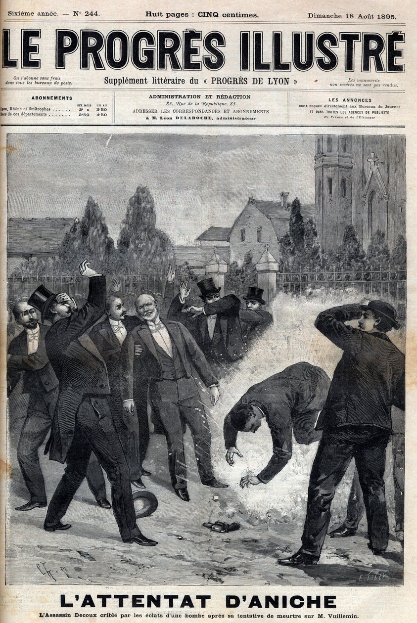 Vrah Clement Decoux se stal obětí svého pokusu o útok na Emila Vuillemina (1822-?), ředitele dolů Aniche, oslavující 4. srpna 1895 své padesáté výročí v čele těžby uhlí - rytina „Le Progres ilustrace od Unknown artist