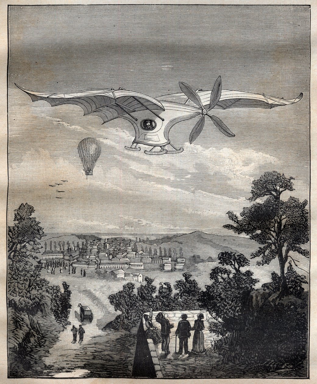 Nové aerostaty: pták Clementa Adera (1841-1925), Eole, během experimentu v parku Eugene Pereire poblíž Paříže v roce 1891 by letěl 15 m nad zemí - rytina „La Science francaise“ od Unknown artist