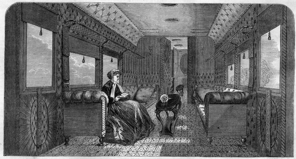 Nový vůz jejího veličenstva princezny z Walesu pro cestování vlakem. Gravírování v „The Illustrous Universe“ od Unknown artist
