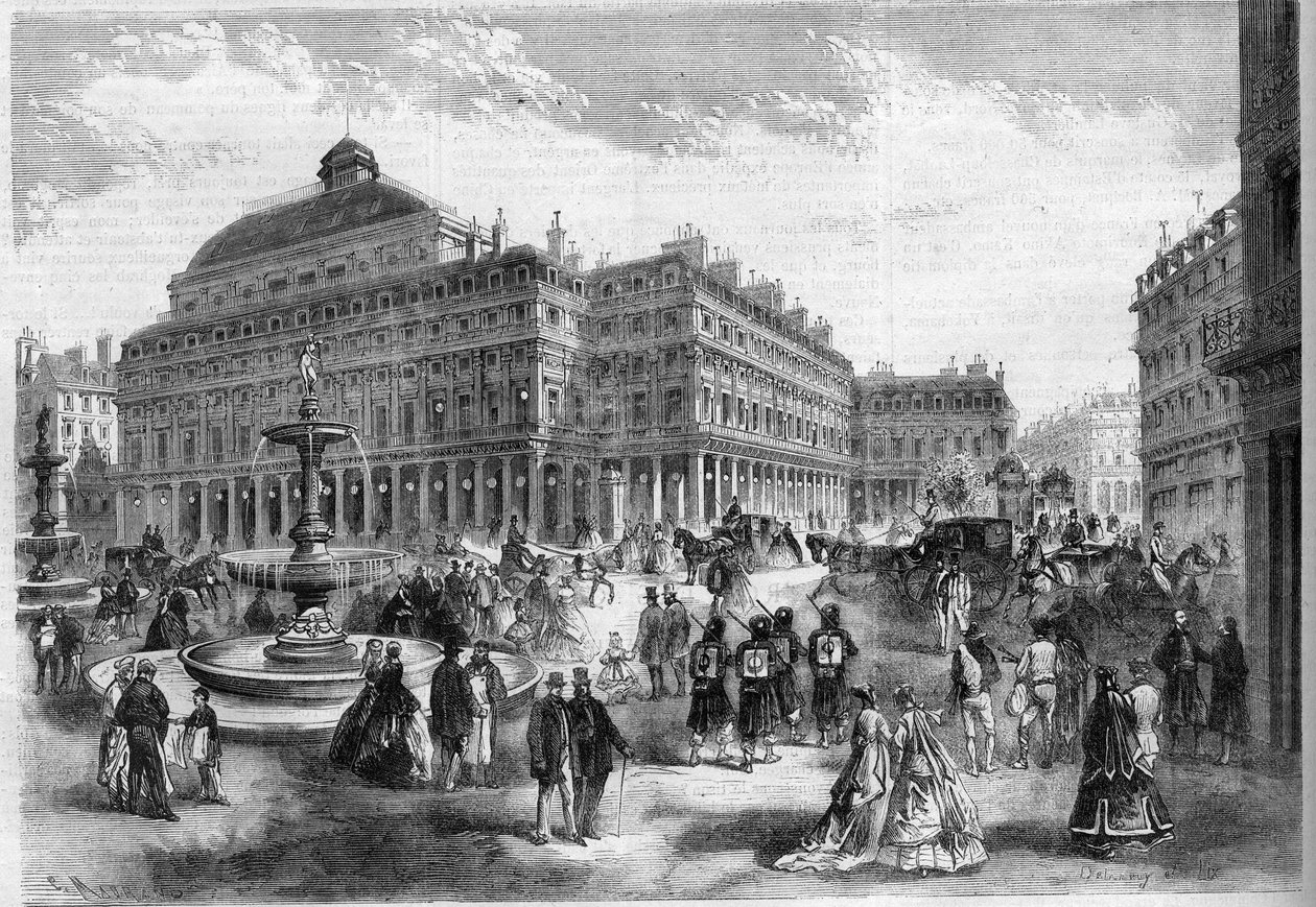 Nové místo francouzského divadla (Comedie Francaise) s fontánami promítanými v Palais Royal (Palais Royal) v Paříži. Gravírování v "" L