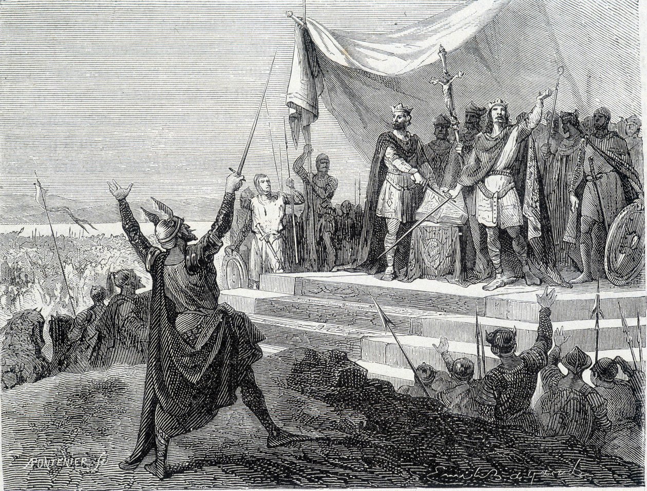 Přísaha dvou bratrů před jejich brněním: Karel II. Plešatý a Ludvík II. Germánský skládají přísahu proti Lothaireovi I. (Přísahy Štrasburku 842). Rytina 19. století. od Unknown artist