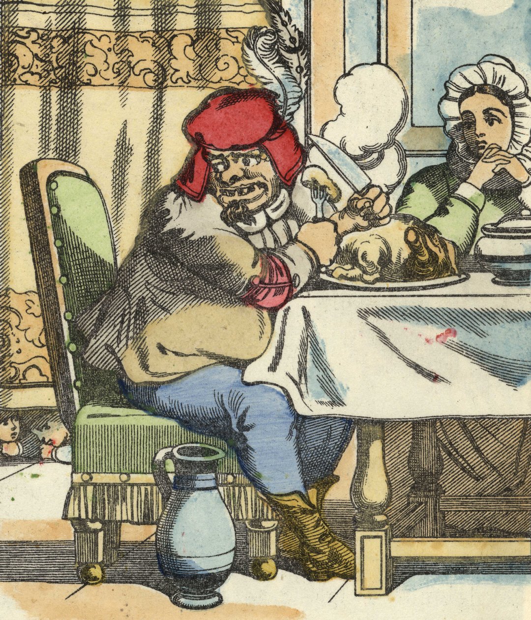 Zlobr u stolu cítí přítomnost malého Pouceta a jeho bratrů. Ilustrace pohádky „Le Pepetit Poucet““ od Charlese Perraulta od Unknown artist