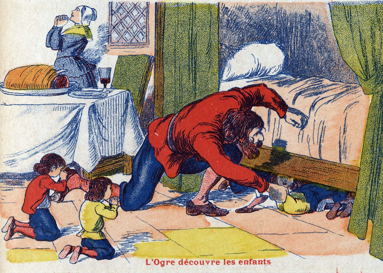 Zlobr objevuje děti. Ilustrace k „“Le Pepetit poucet“, příběh Charlese Perraulta (1628-1703), francouzského spisovatele. Anonymní ilustrace. Snímky Marcel Vagne, Jarville Nancy, nedatováno (konec 19. století). od Unknown artist