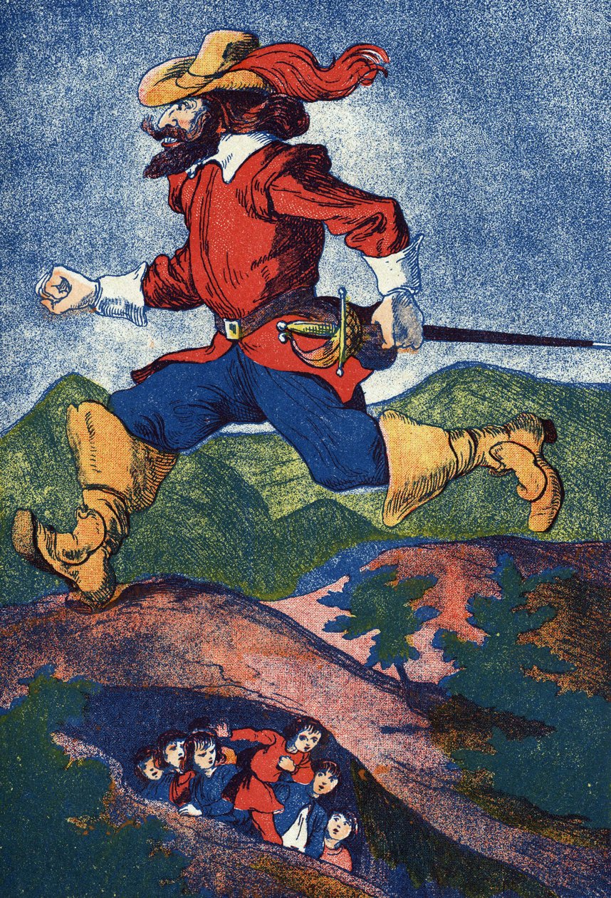 Zlobr hledá děti. Ilustrace k „“Le Pepetit poucet“, příběh Charlese Perraulta (1628-1703), francouzského spisovatele. Ilustrace anonymní. Snímky Marcel Vagne, Jarville Nancy, nedatováno (konec 19. století). od Unknown artist