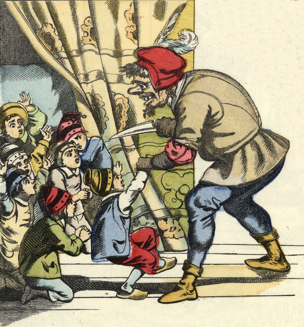 Zlobr si vezme dítě s úmyslem ho sežrat. Ilustrace pohádky „Le Pepetit Poucet““ od Charlese Perraulta od Unknown artist
