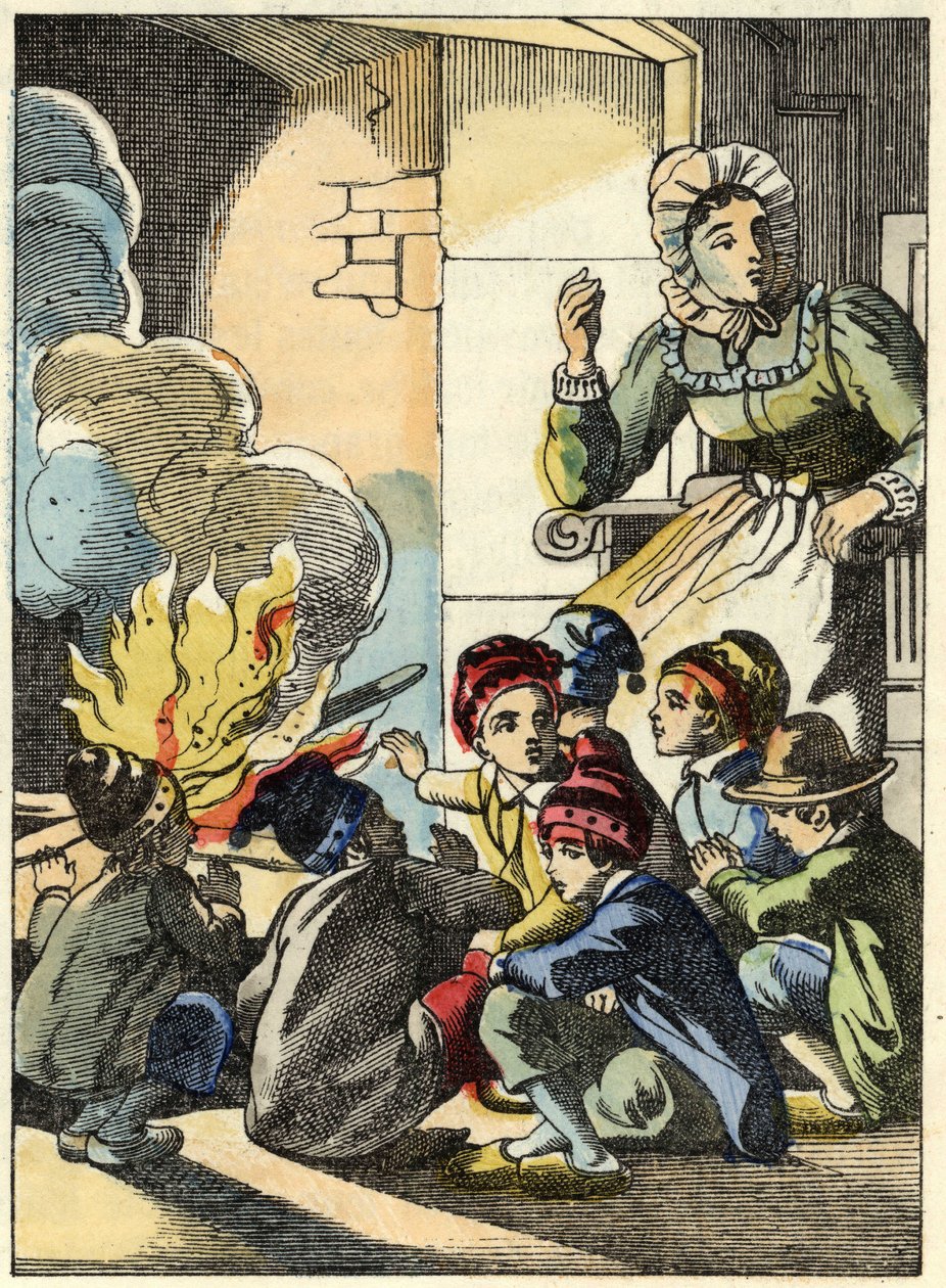 Zlobrova žena ohřívá Little Poucet a jeho bratry ohněm. Ilustrace pohádky „Le Pepetit Poucet““ od Charlese Perraulta od Unknown artist