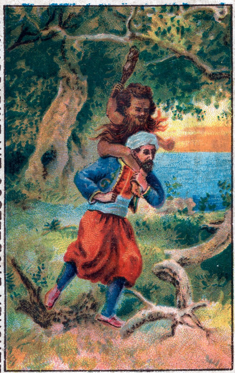 Starý muž z moře. Nádherná dobrodružství Sindibáda (Sindibáda) námořníka. Populární příběh 1001 nocí (tisíc a jedna noc). Chromolitografie konce 19. století. od Unknown artist