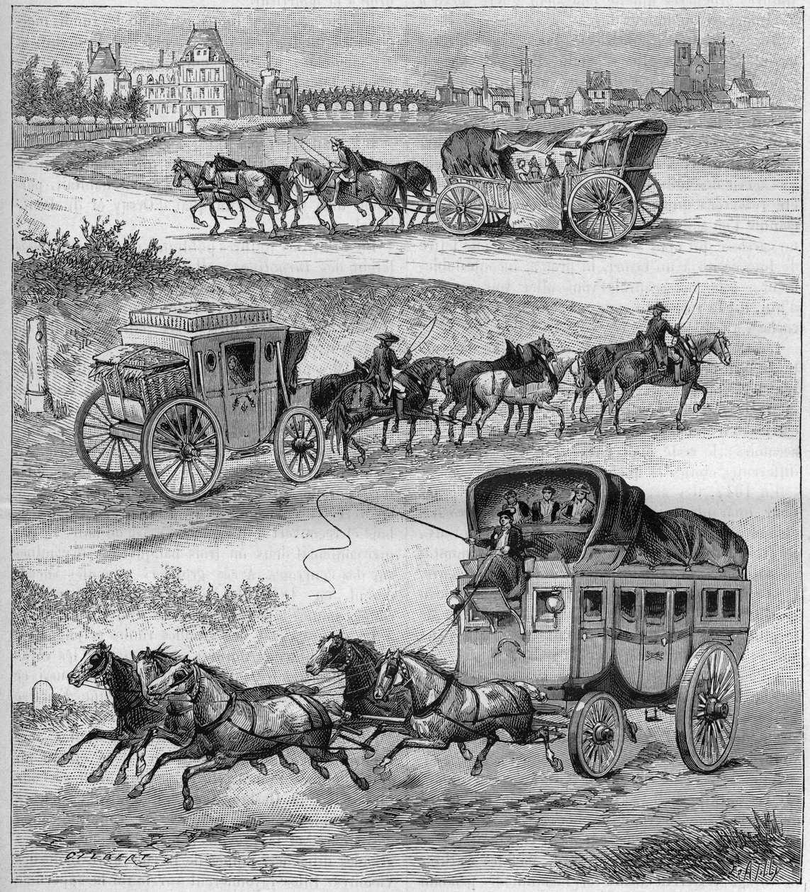 Starý cestovní vůz, cestovní kočár ze 17. století, cestovní kočár z 18. století a píle před železnicí. Rytina „La nature““ z roku 1888. od Unknown artist