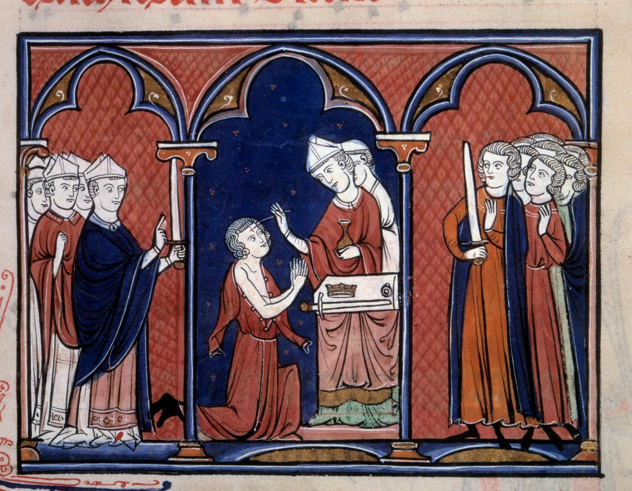 Ordo posvátné reprezentace rituálu pomazání krále (pravděpodobně Ludvík IX. (Saint Louis) (1214-1270)). Miniatura převzatá z „Řádu zasvěcení a korunovace francouzských králů“ 1250 v okolí Paříže, B.N. od Unknown artist