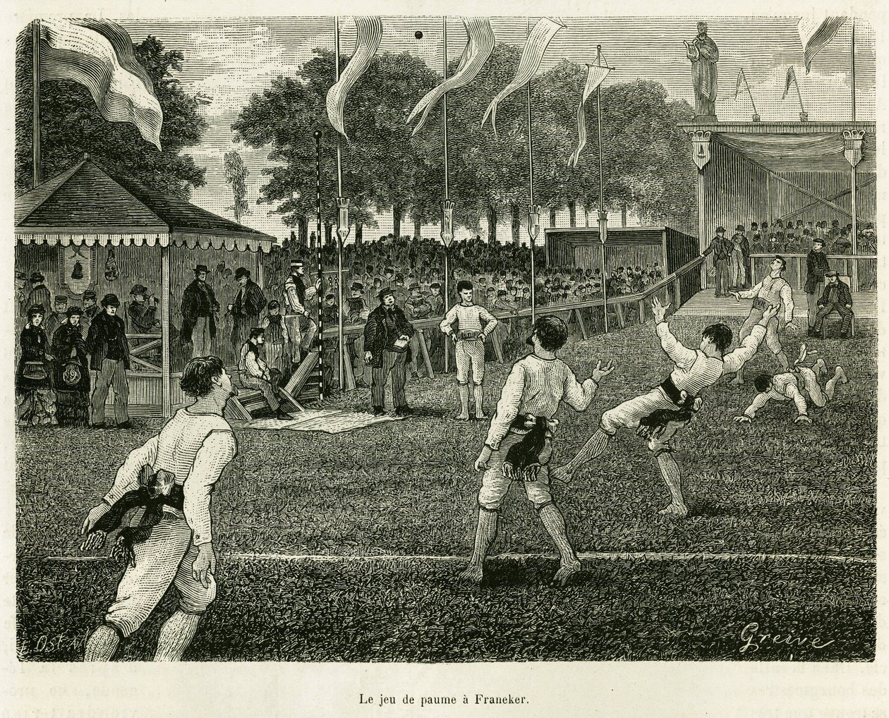 Palmová hra má Franeker (Nizozemsko). Rytina k ilustraci příběhu La Frise, založený na vztahu holandských novin, v le tour du monde 1886, režie Edouard Charton (1807-1890), Hachette, Paříž. od Unknown artist