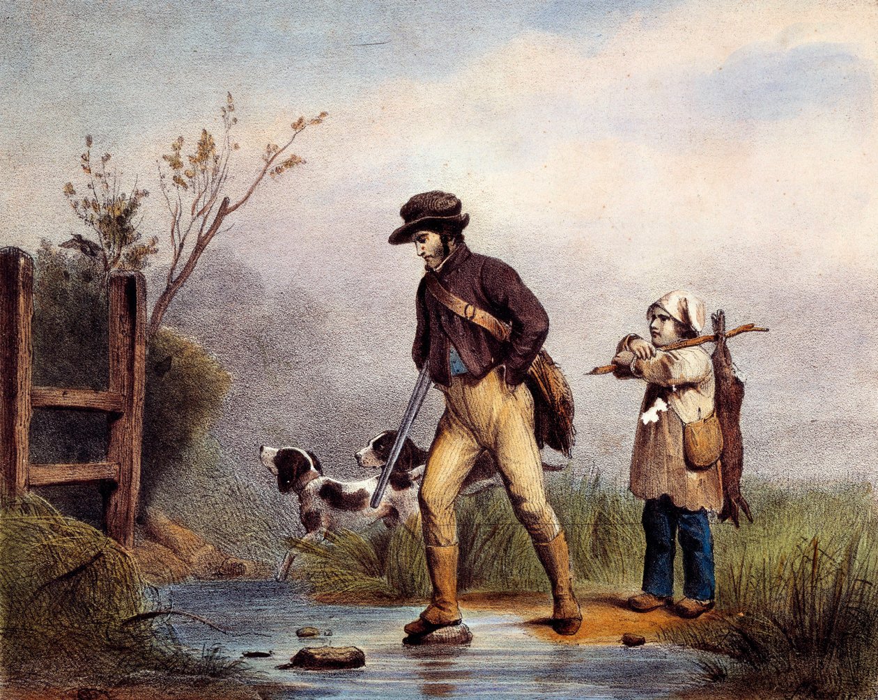 V pasáži jsou lovci přecházející vodní tok pěšky. Litografie Gien z 19. století, lovecké muzeum od Unknown artist